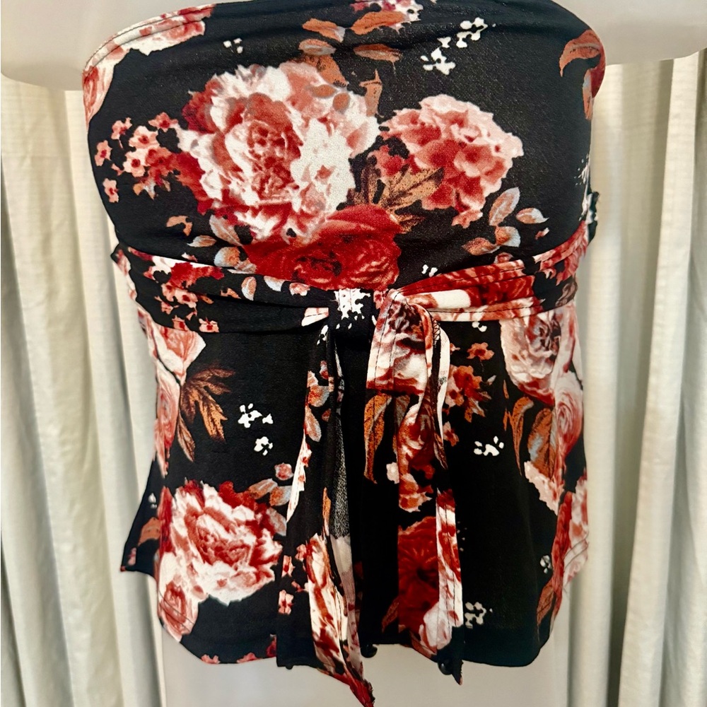 Floral Strapless Top - Black and Red